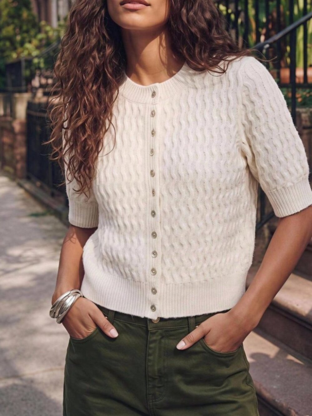 Cream Cable Knit Cropped Cardigan with Short Sleeves